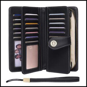 Leather Tri-Fold Wallet Large Capacity RFID Blocking Wristlet Zipper Pocket